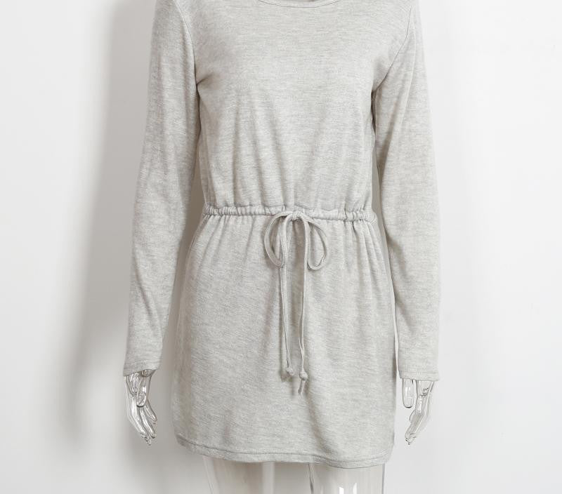 loose hollow out knitted dress women Casual belt backless short dress Winter female grey long sleeve dress