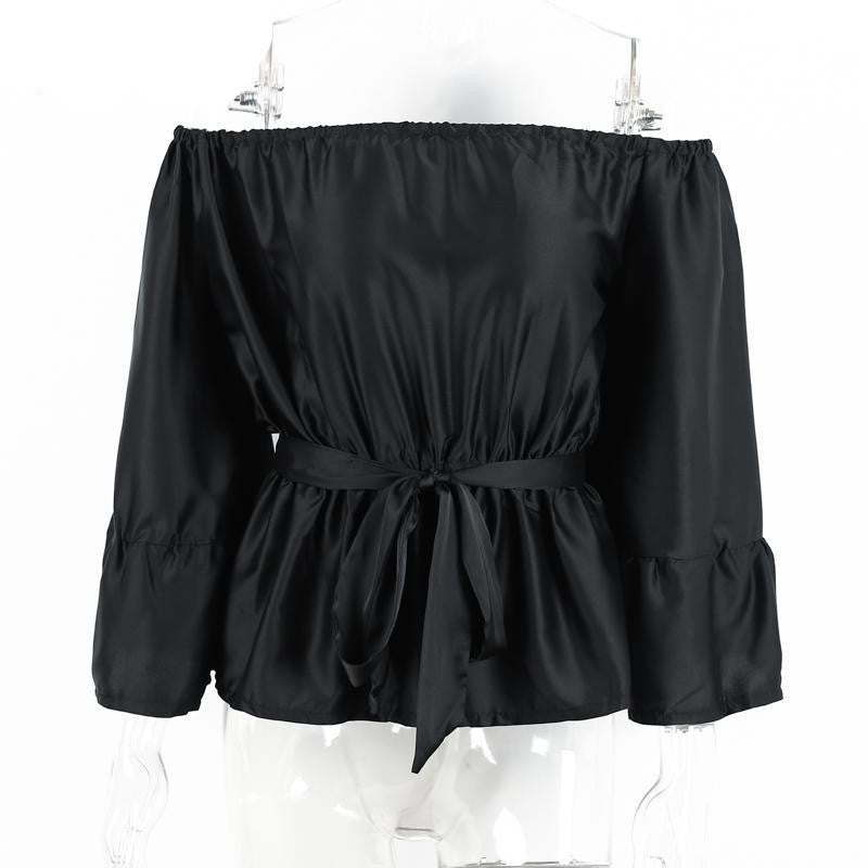 sexy off shoulder ruffle bow blouse shirt Soft satin flare sleeve tops Elegant party women blouses