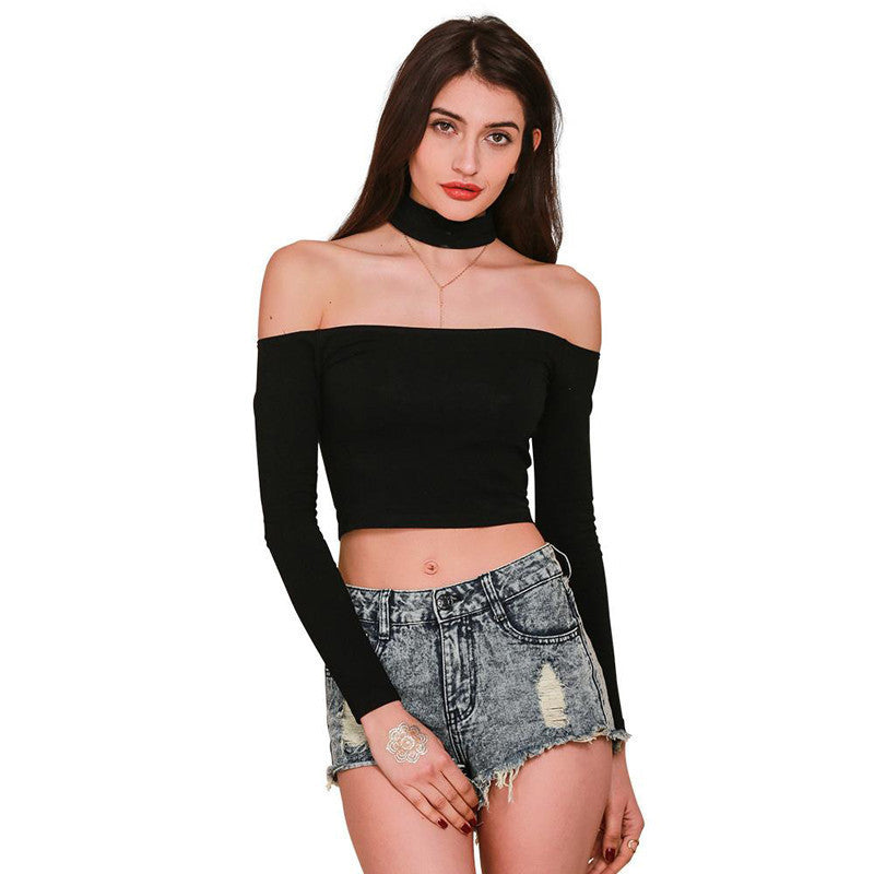 Choker top crop long sleeve off shoulder bustier crop tops women pink slash neck cropped 90s club wear