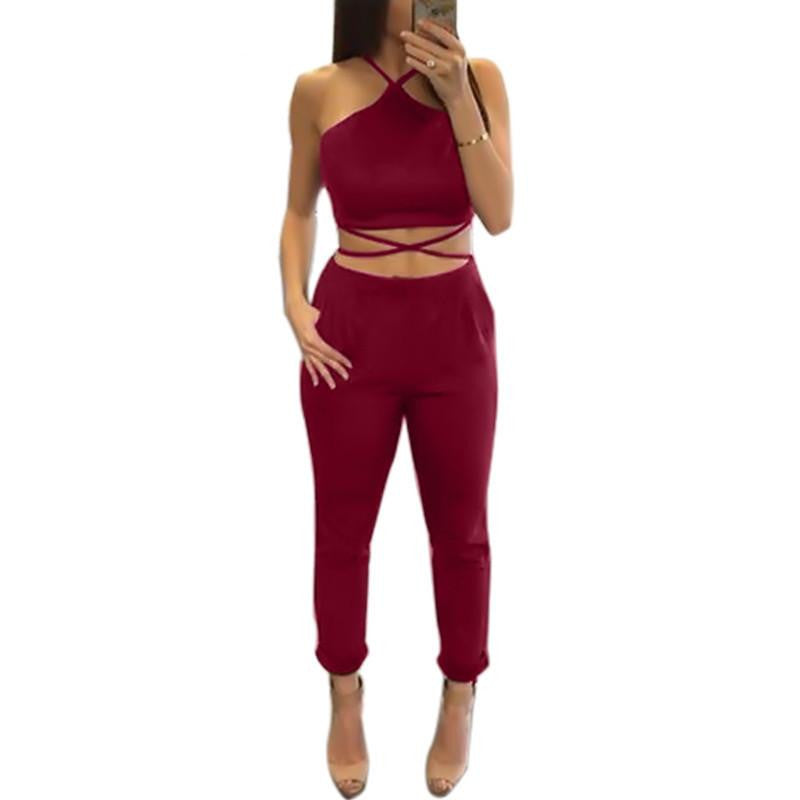 Women Two Piece bandage Set jumpsuit Rompers Womens Jumpsuit Long Pants 2 Piece Set Women Short Crop Tops Bodycon Playsuit