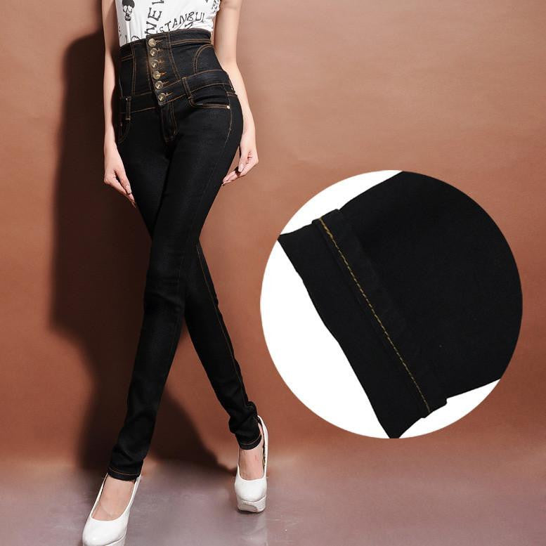 Women's warm fleece and unlined high waist jeans skinny elastic denim pencil pants Plus large size buttons long trousers