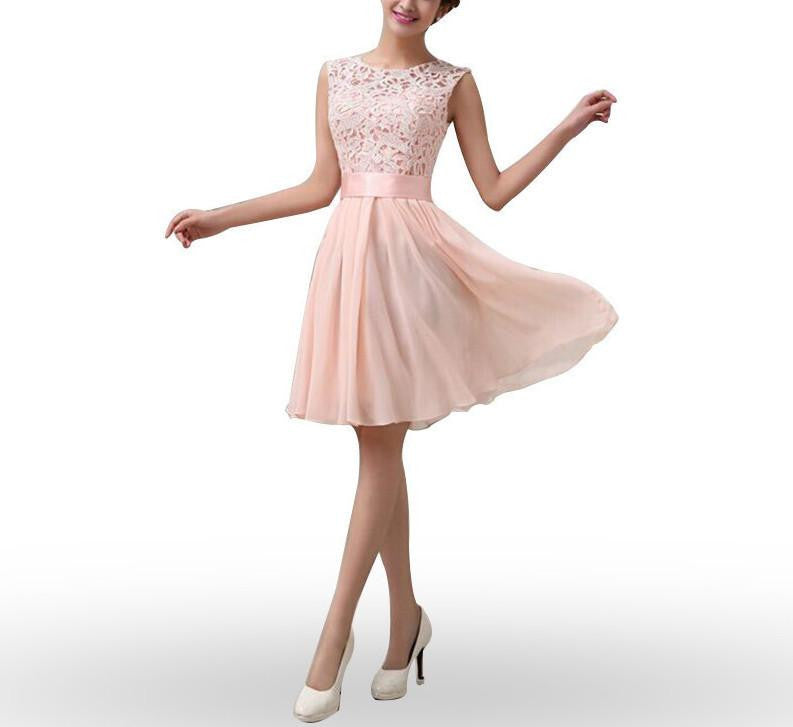 Women Dress Sleeveless Elegant Lace Chiffon O Neck Princess Knee Length Party Dresses