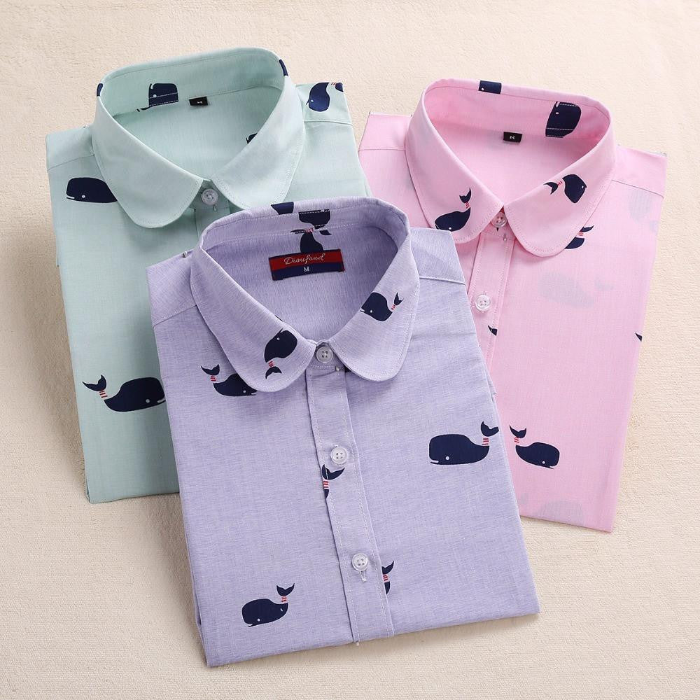Women Shirt Cotton Blouse Long Sleeve Plus Size Ladies Top Cute Pattern Character Turn-Down Collar Women