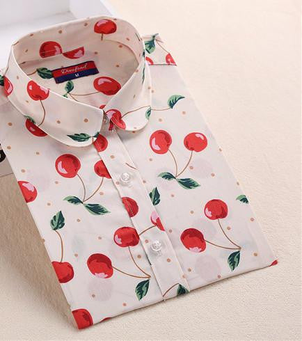 Women Shirt Cotton Blouse Long Sleeve Plus Size Ladies Top Cute Pattern Character Turn-Down Collar Women