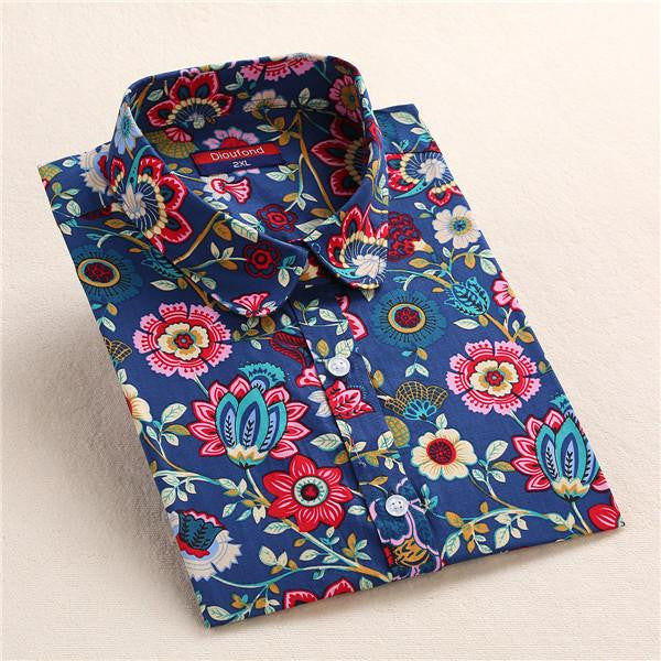 Women Shirt Cotton Blouse Long Sleeve Plus Size Ladies Top Cute Pattern Character Turn-Down Collar Women