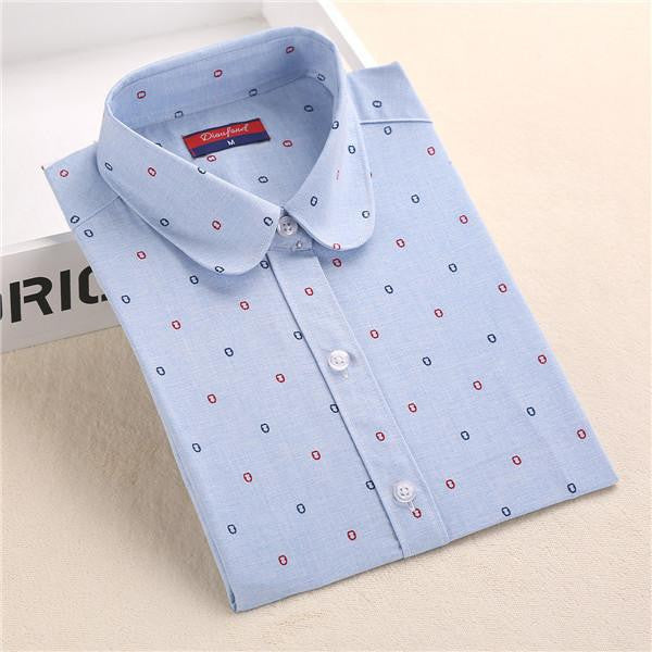 Women Shirt Cotton Blouse Long Sleeve Plus Size Ladies Top Cute Pattern Character Turn-Down Collar Women