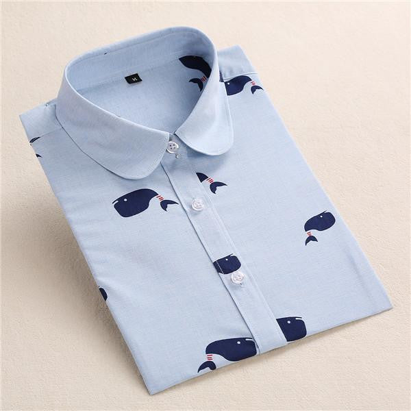 Women Shirt Cotton Blouse Long Sleeve Plus Size Ladies Top Cute Pattern Character Turn-Down Collar Women
