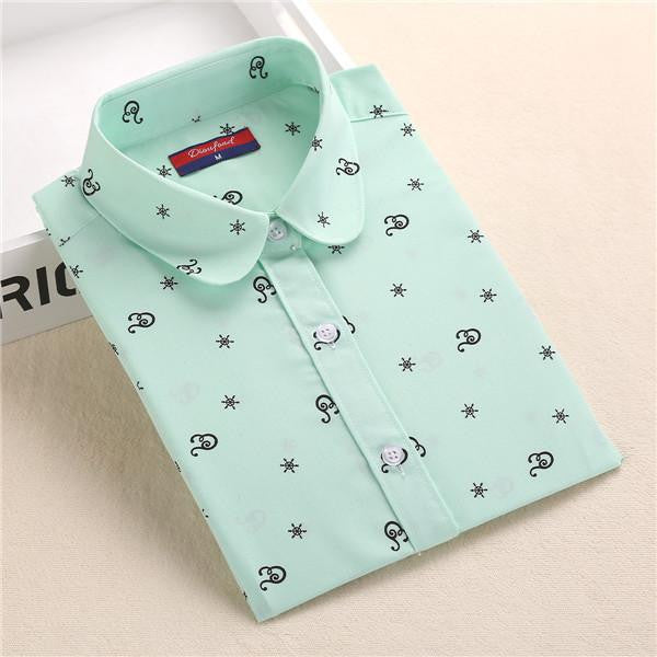 Women Shirt Cotton Blouse Long Sleeve Plus Size Ladies Top Cute Pattern Character Turn-Down Collar Women