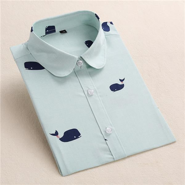 Women Shirt Cotton Blouse Long Sleeve Plus Size Ladies Top Cute Pattern Character Turn-Down Collar Women