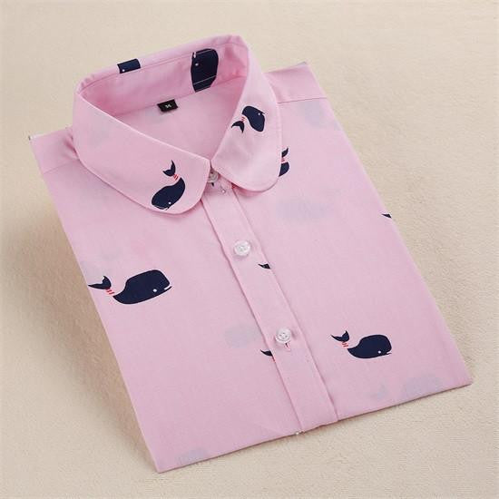 Women Shirt Cotton Blouse Long Sleeve Plus Size Ladies Top Cute Pattern Character Turn-Down Collar Women