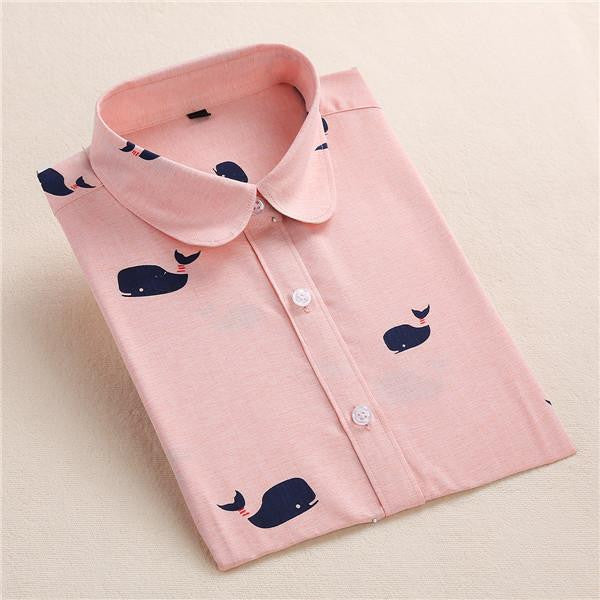 Women Shirt Cotton Blouse Long Sleeve Plus Size Ladies Top Cute Pattern Character Turn-Down Collar Women