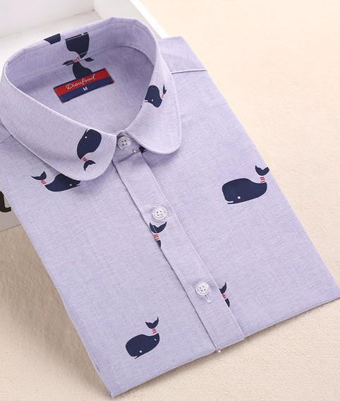 Women Shirt Cotton Blouse Long Sleeve Plus Size Ladies Top Cute Pattern Character Turn-Down Collar Women