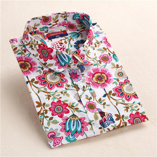 Women Shirt Cotton Blouse Long Sleeve Plus Size Ladies Top Cute Pattern Character Turn-Down Collar Women