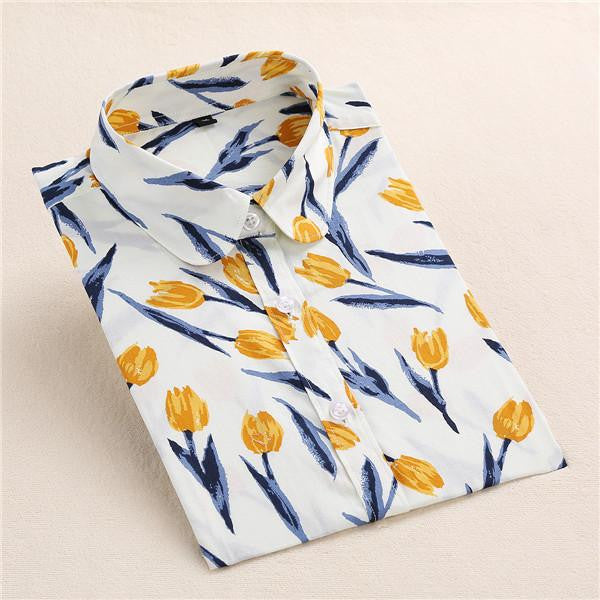 Women Shirt Cotton Blouse Long Sleeve Plus Size Ladies Top Cute Pattern Character Turn-Down Collar Women