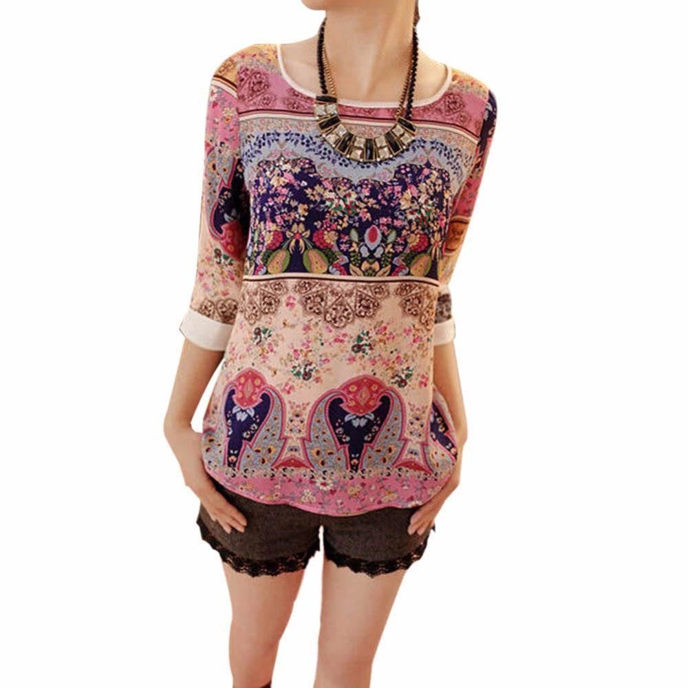 Women's Elegant Floral Three Quarter Puff Sleeve Shirt Floral Top Girl Casual Slim Blouse Size S-XXL