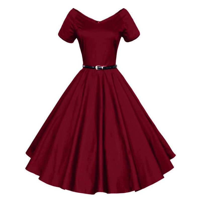 Womens Summer V-Neck Party Dresses 50s 60s Retro Style Ladies Rockabilly Swing Red Black Blue Vintage Dress Robe Femme