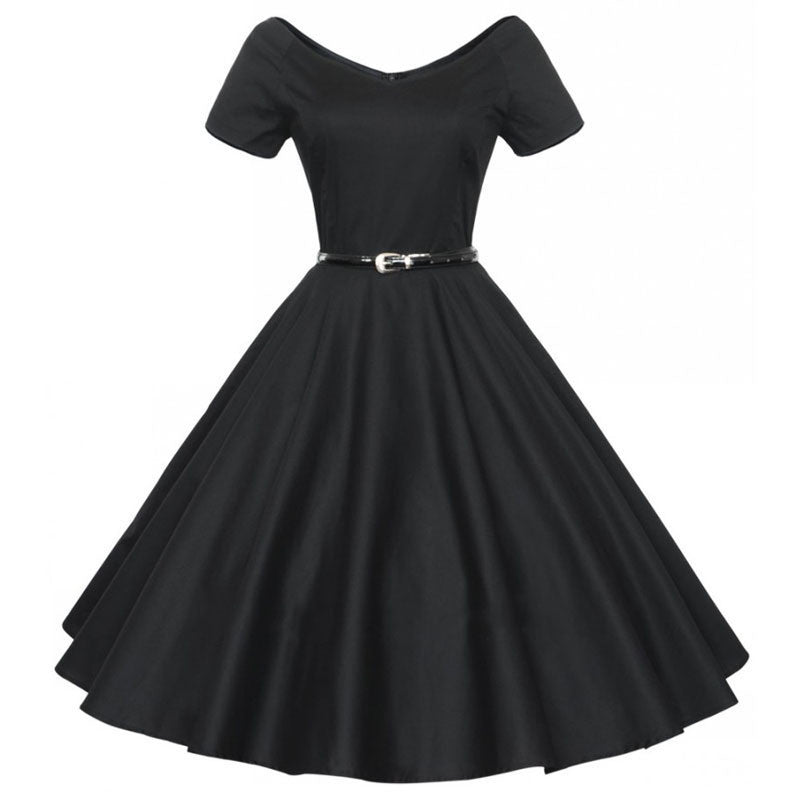 Womens Summer V-Neck Party Dresses 50s 60s Retro Style Ladies Rockabilly Swing Red Black Blue Vintage Dress Robe Femme