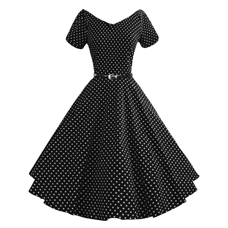 Womens Summer V-Neck Party Dresses 50s 60s Retro Style Ladies Rockabilly Swing Red Black Blue Vintage Dress Robe Femme