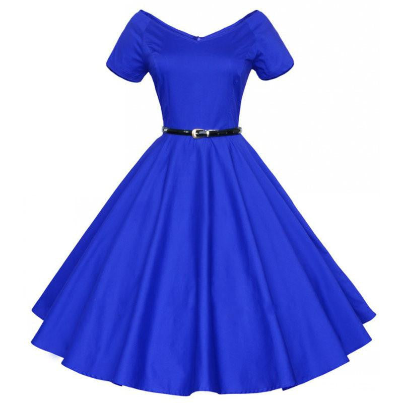 Womens Summer V-Neck Party Dresses 50s 60s Retro Style Ladies Rockabilly Swing Red Black Blue Vintage Dress Robe Femme