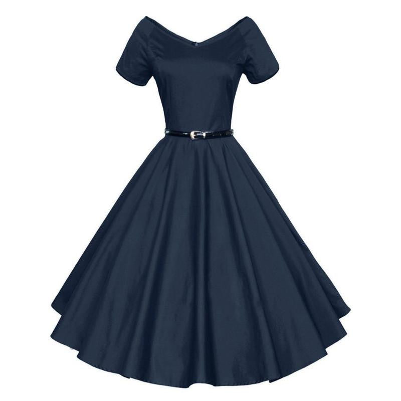Womens Summer V-Neck Party Dresses 50s 60s Retro Style Ladies Rockabilly Swing Red Black Blue Vintage Dress Robe Femme