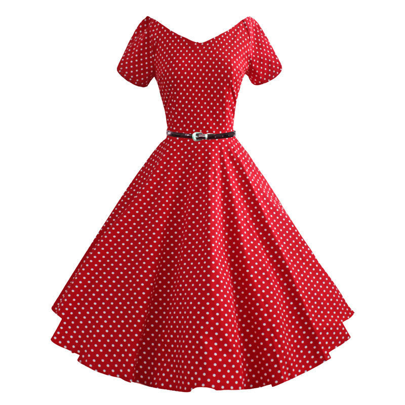 Womens Summer V-Neck Party Dresses 50s 60s Retro Style Ladies Rockabilly Swing Red Black Blue Vintage Dress Robe Femme