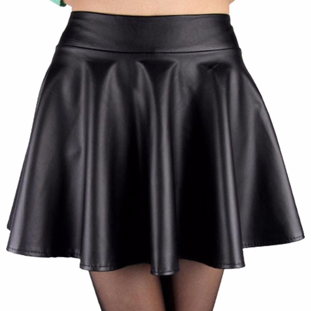 Online discount shop Australia - Fashion Women Faux Leather Skirt High Waist Skater flare Mini Skirt Above Knee Solid Color Flared Pleated Short