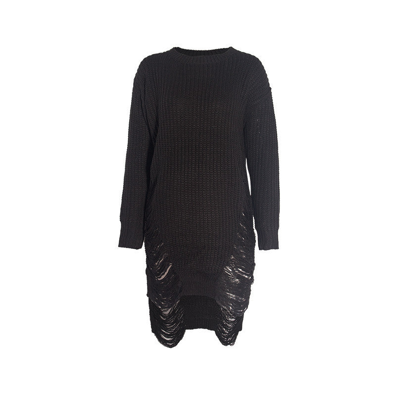 Sedrinuo Casual Knitted Sweater Dresses Women Long Sleeve pullover Round Neck Bodycon Irregular Khaki/Black Loose Sweater Dress