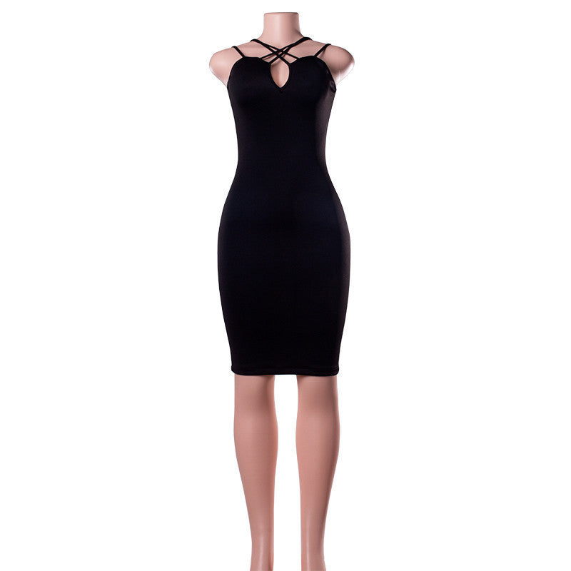 Summer Black/White Sleeveless Strap Criss Cross Evening Party Dresses V neck Plunge Midi Bodycon Dress