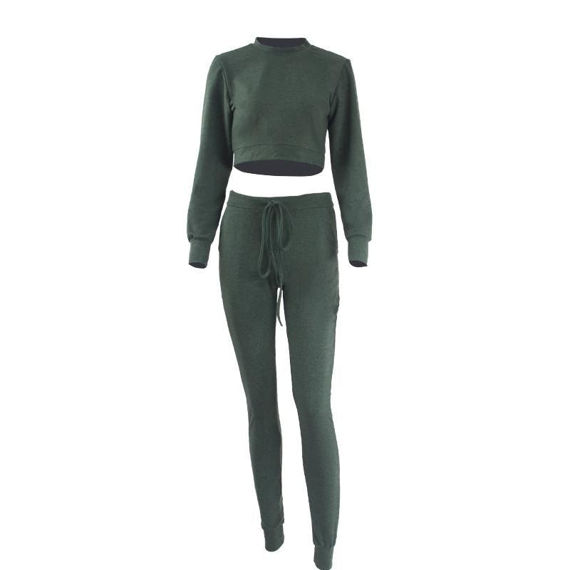 Solid Color Long Sleeve Bodycon Round Neck Two Pieces Outfits Crop Top Long Pants Women Rompers and Jumpsuits