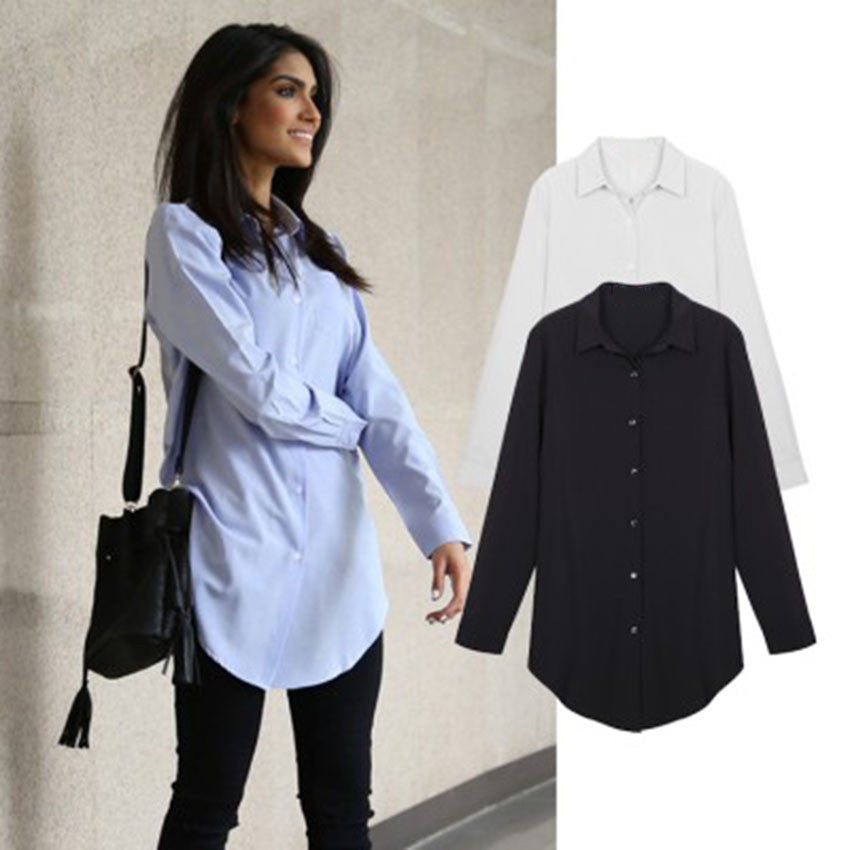 commuter wild female long-sleeved shirt collar white shirt big OL smooth blue