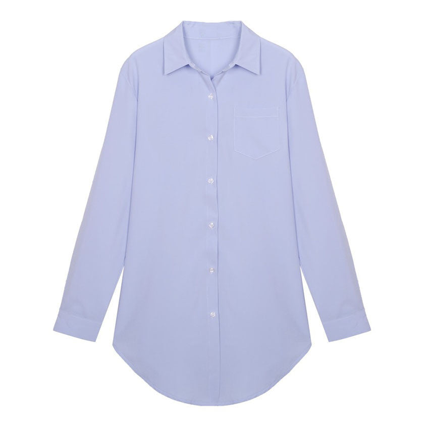 commuter wild female long-sleeved shirt collar white shirt big OL smooth blue