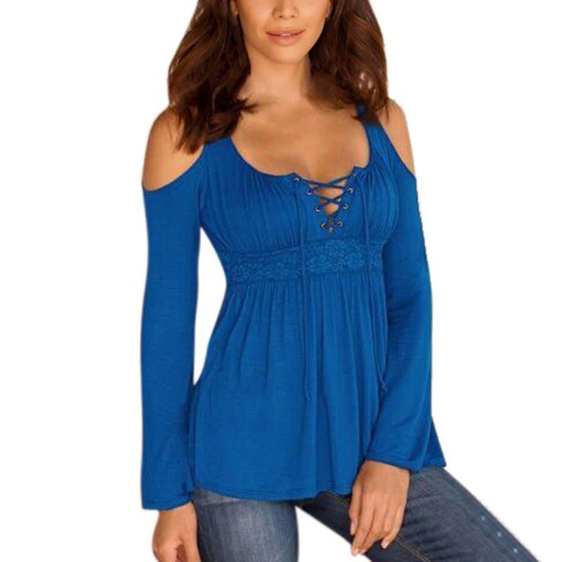 Online discount shop Australia - Korean Style  Sexy Women Long Sleeve Off Shoulder Lace Deep V Neck T-Shirt Tees Casual Slim Tops T Shirt Plus Size