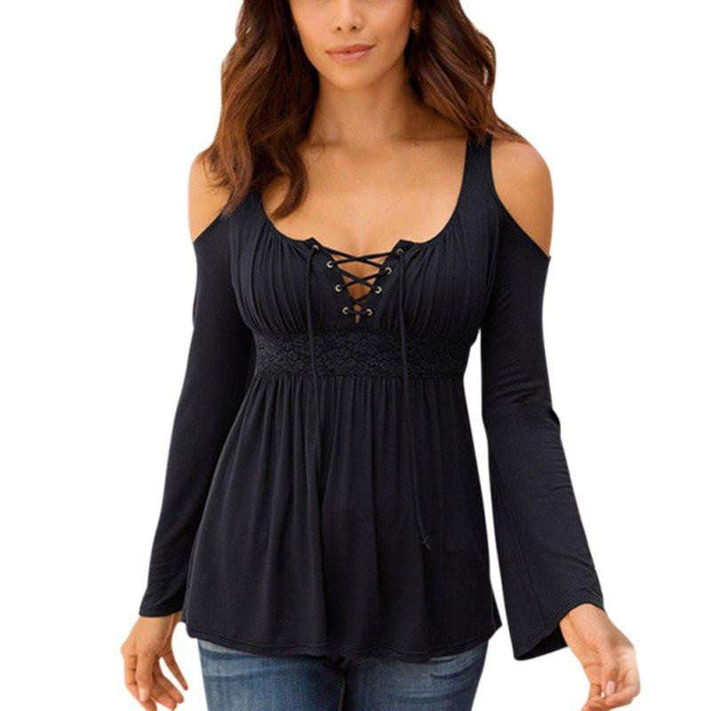 Online discount shop Australia - Korean Style  Sexy Women Long Sleeve Off Shoulder Lace Deep V Neck T-Shirt Tees Casual Slim Tops T Shirt Plus Size