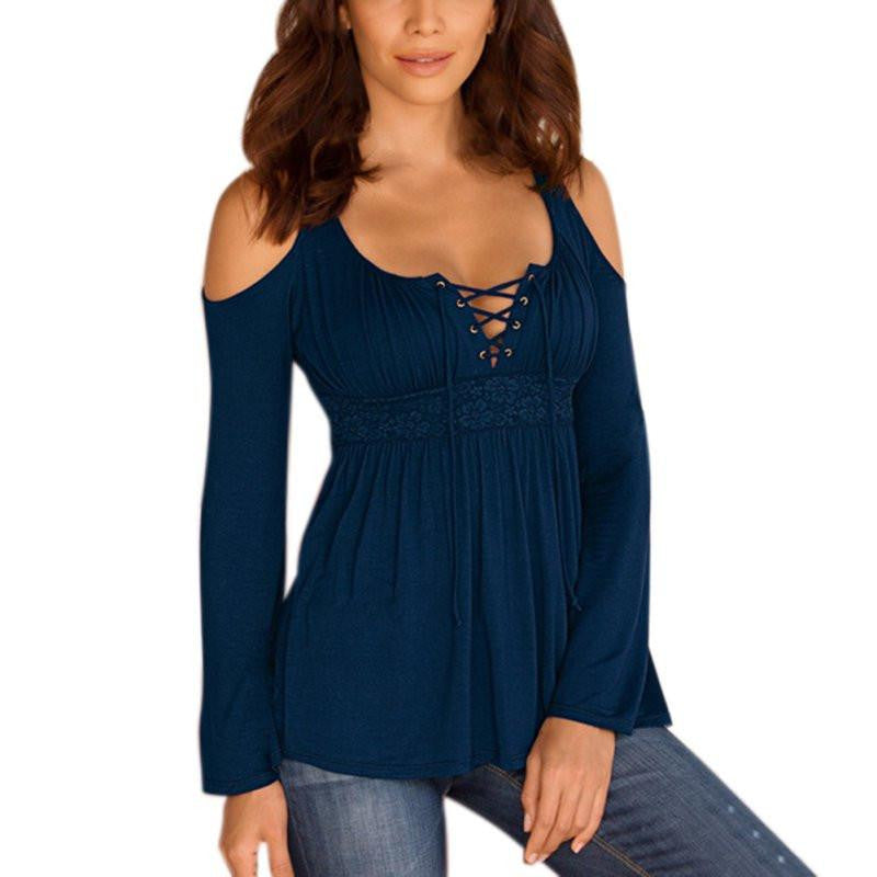 Online discount shop Australia - Korean Style  Sexy Women Long Sleeve Off Shoulder Lace Deep V Neck T-Shirt Tees Casual Slim Tops T Shirt Plus Size