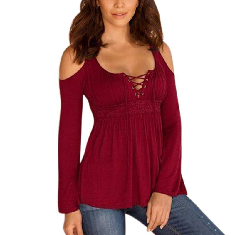 Online discount shop Australia - Korean Style  Sexy Women Long Sleeve Off Shoulder Lace Deep V Neck T-Shirt Tees Casual Slim Tops T Shirt Plus Size