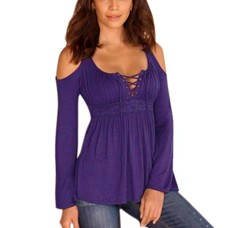 Online discount shop Australia - Korean Style  Sexy Women Long Sleeve Off Shoulder Lace Deep V Neck T-Shirt Tees Casual Slim Tops T Shirt Plus Size