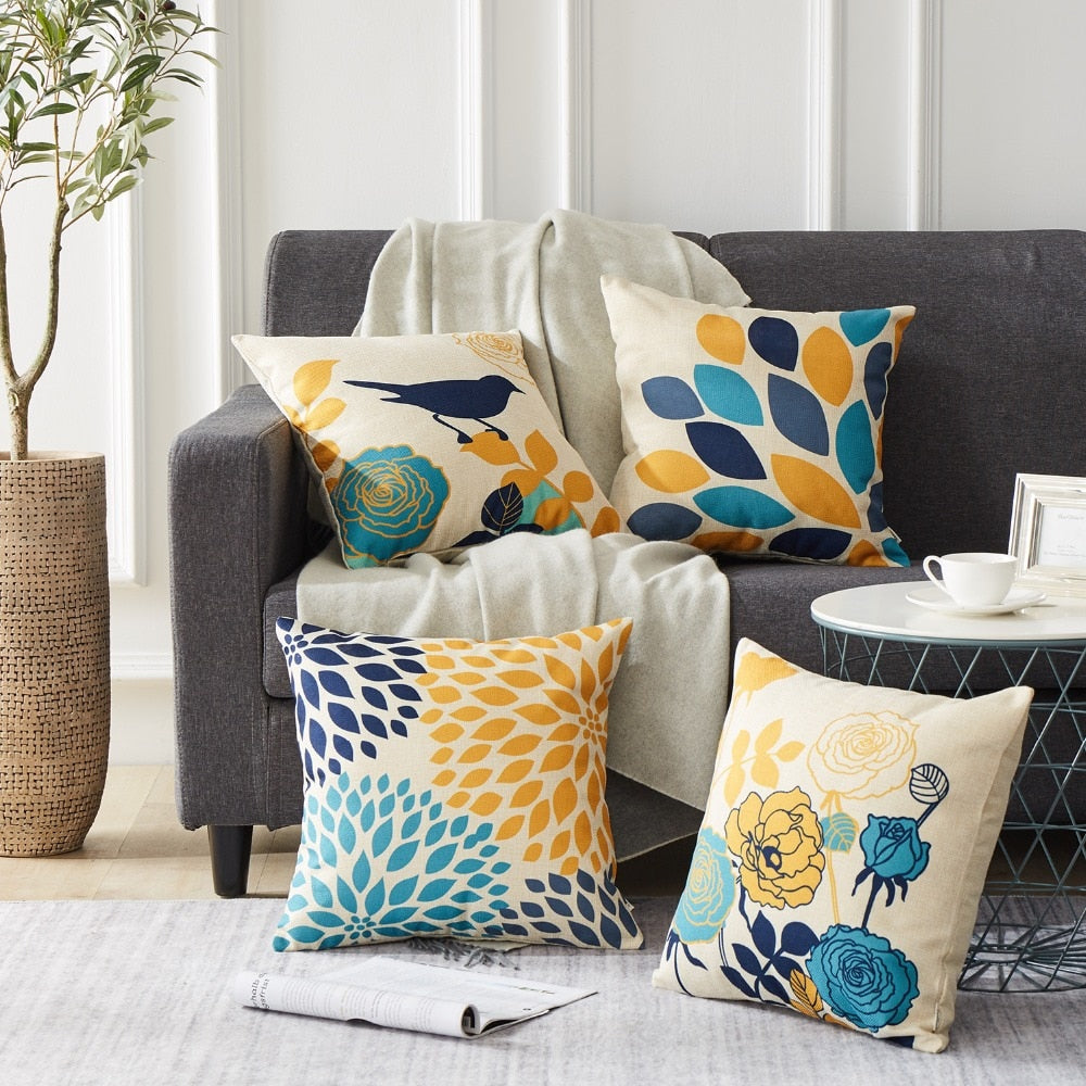 Cushion Covers Pillows Bed Cotton Line Flower Bird Printed Throw Pillow Cases Home Decor Sofa Chair Seat