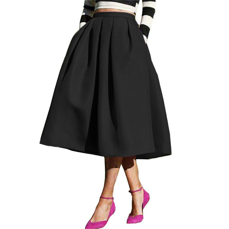 Women's European Style Famous High Waist Pockets Flare Pleated Latest Vintage A Line Midi Skirt