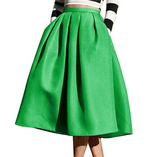 Women's European Style Famous High Waist Pockets Flare Pleated Latest Vintage A Line Midi Skirt