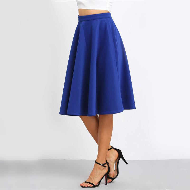 Women's European Style Famous High Waist Pockets Flare Pleated Latest Vintage A Line Midi Skirt