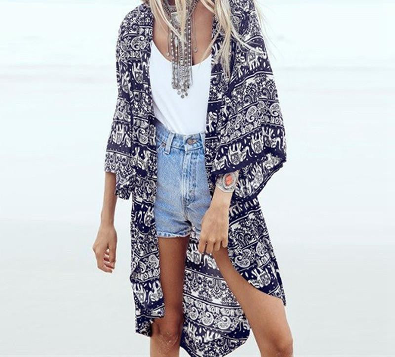 Women Blouse Beach Cardigan Floral Printed 3/4 Sleeve Casual Loose Long Beach Tops