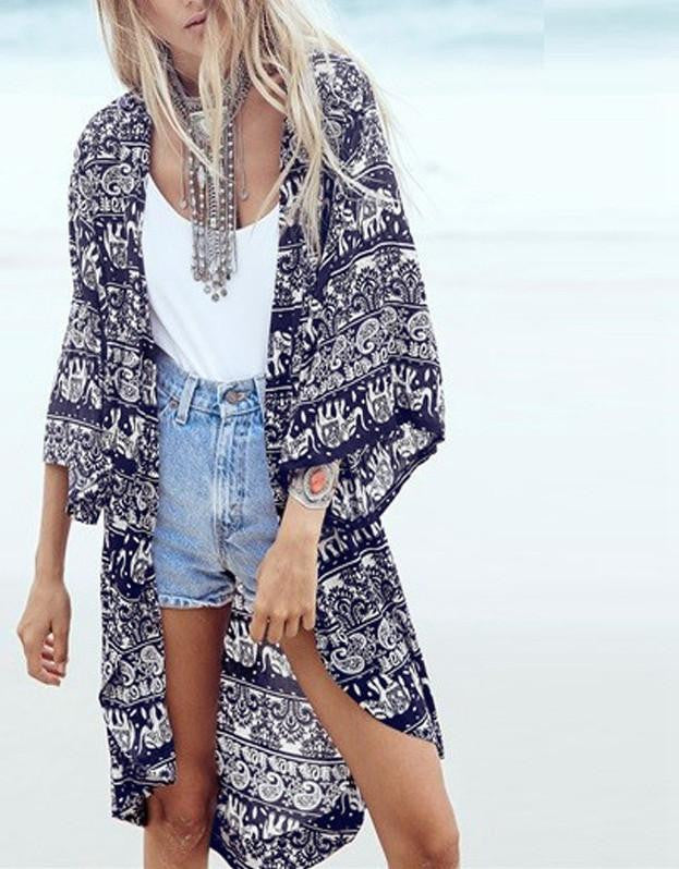 Women Floral Print Blouse 3/4 Sleeve Casual Beach Boho Cover Up Kimono Cardigan Long Tops Plus Size S-6XL
