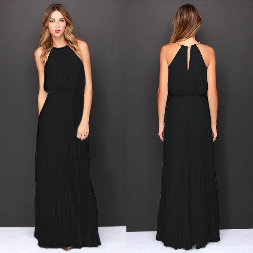 Online discount shop Australia - Beach Tunic Chiffon Long Dresses Boho Elegant Gown Dress Party Maxi Vintage Halter Sleeveless Backless Solid Pleated Women Cloth