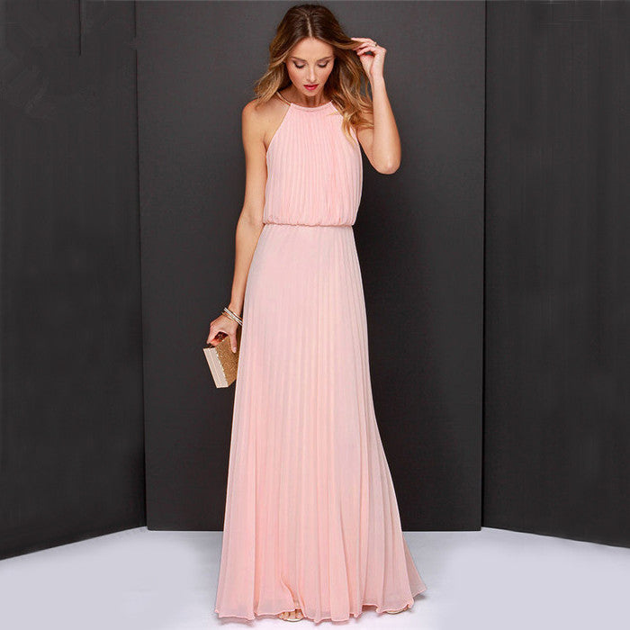 Online discount shop Australia - Beach Tunic Chiffon Long Dresses Boho Elegant Gown Dress Party Maxi Vintage Halter Sleeveless Backless Solid Pleated Women Cloth