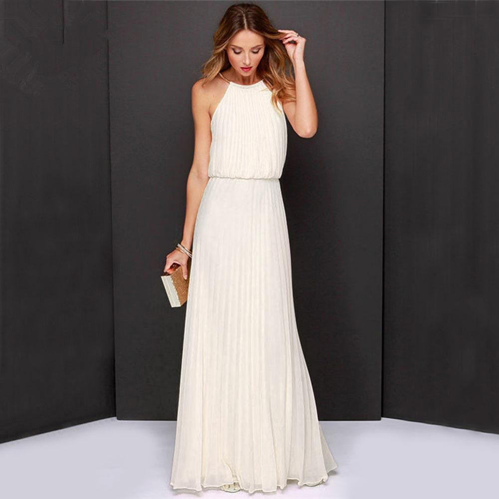 Online discount shop Australia - Beach Tunic Chiffon Long Dresses Boho Elegant Gown Dress Party Maxi Vintage Halter Sleeveless Backless Solid Pleated Women Cloth