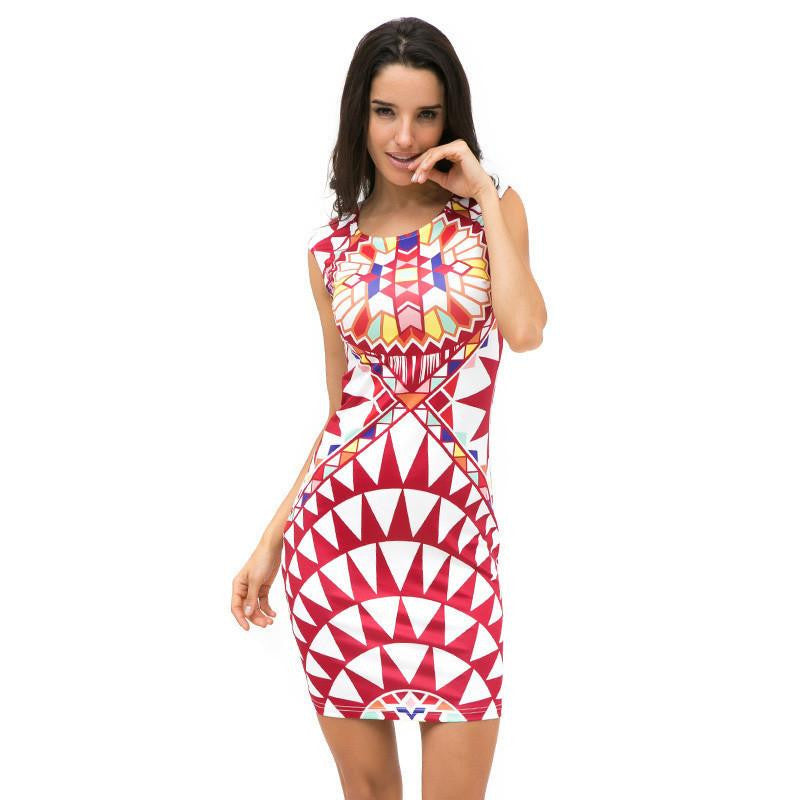 Tropical Floral Print Sleeveless Sheath O-Neck Natural Knee-Length Dress Casual