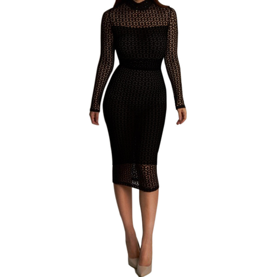 Sedrinuo Autumn Elegant Black Dress Two Pieces Lace Long Sleeve Slim Round neck Dresses Bodycon Evening Party Dress
