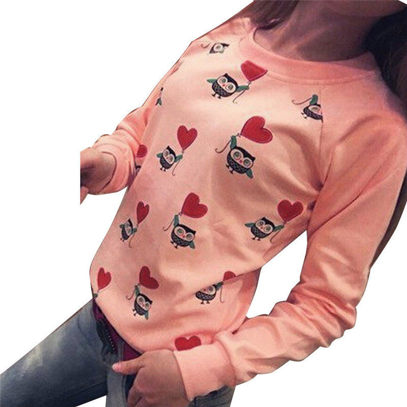Women Long Sleeve Cute Owl Print weatshirts Top Casual Blouse Shirt