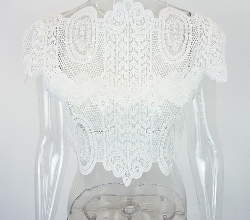 Online discount shop Australia - elegant black lace crochet crop top Girls short sleeve white blouse Women sexy hollow out tank tops