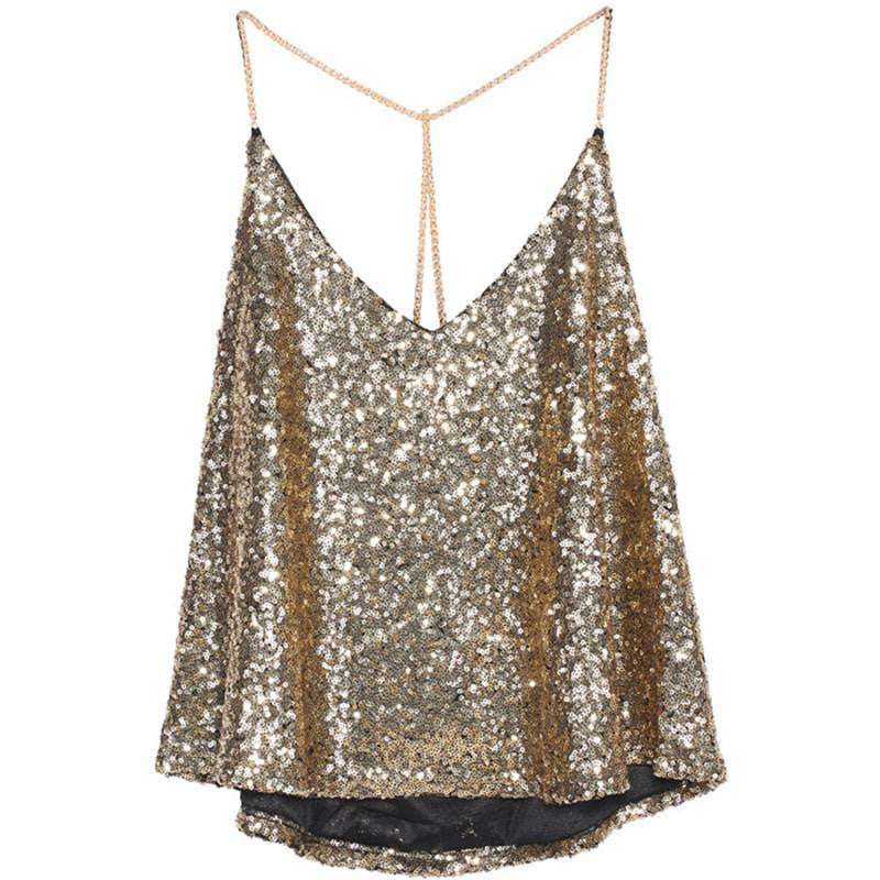 Women Fashion Tops Clothing Brand Beachwear Black Spaghetti Strap Gold Sequined Chiffon